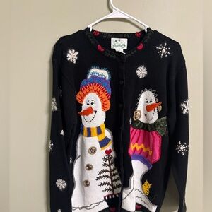 Quacker Factory Size Medium Snowman Cat Cardigan Sweater Christmas Holiday Ugly